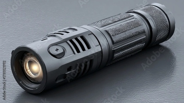 Obraz Close-up view of a modern black tactical flashlight with a glowing beam on a dark surface.