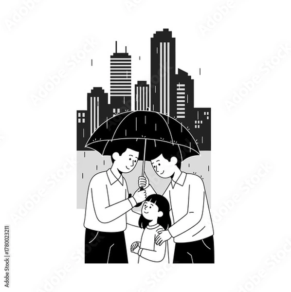 Obraz Illustration of two men holding an umbrella over a child in a city.
