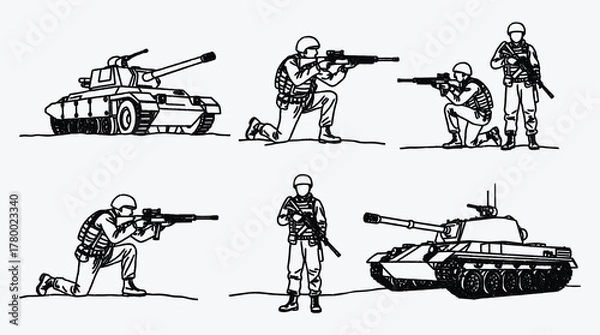 Fototapeta Military operation sketch showing tanks and soldiers with rifles illustration