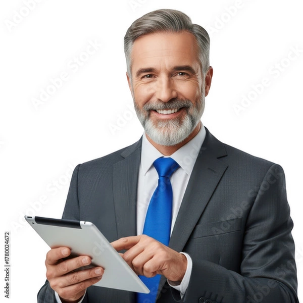 Fototapeta Smiling businessman with tablet isolated on transparent background