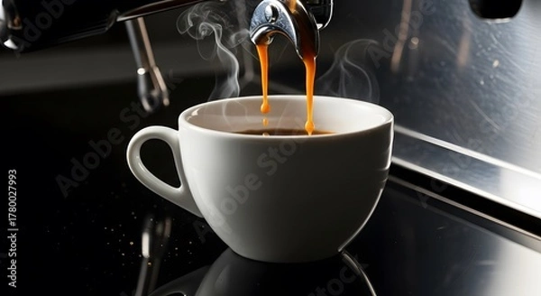 Obraz Espresso Coffee Pouring into White Ceramic Cup from Professional Coffee Machine with Steam and Reflection on Dark Background