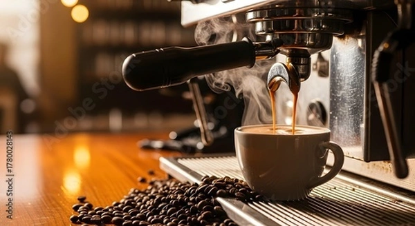 Obraz Espresso machine brewing fresh hot coffee into a cup with steam and scattered roasted coffee beans on a wooden counter.