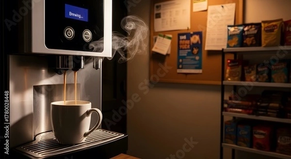Obraz Automatic coffee machine displaying 'Brewing...' and pouring hot coffee into a white mug, with visible steam, in an office break room.