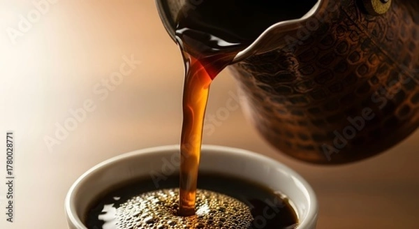 Obraz Freshly brewed hot coffee pouring from a traditional copper cezve into a white ceramic cup, creating rich golden foam and bubbles.
