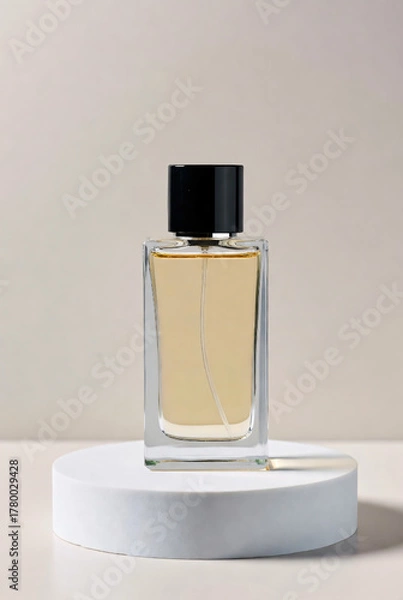 Fototapeta Luxurious clear glass perfume bottle with a sleek black cap containing golden fragrance liquid, presented on a white minimalist pedestal in a bright studio setting.