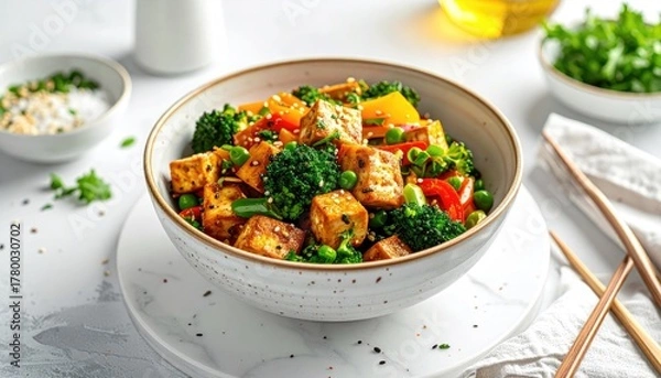 Fototapeta Delicious Tofu and Vegetable Stir Fry in a White Bowl with Sesame Seeds and Chopsticks Ready to Eat Overhead Shot with Natural Lighting