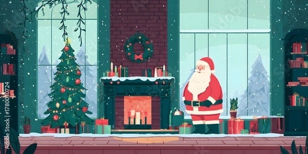 Fototapeta Cheerful holiday figure stands indoors beside a decorated evergreen tree while snow falls outside large windows