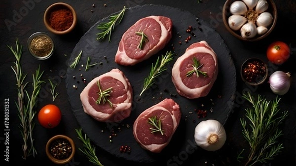 Obraz Raw steak cuts with rosemary, garlic, and spices on dark rustic background