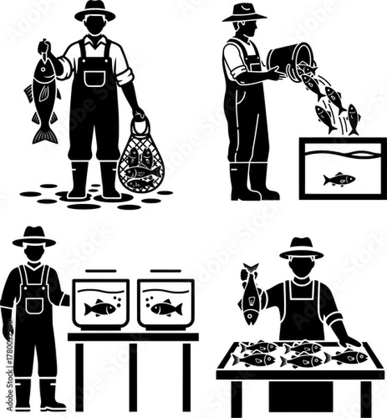 Obraz Fisherman and Aquaculture Icons Set, Fish Farming, Catching, Selling, and Market Activities, Glyph Silhouettes