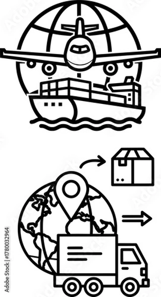Obraz Global Logistics and Transportation Line Icons Set, Worldwide Shipping, Air, Sea, and Land Freight Delivery