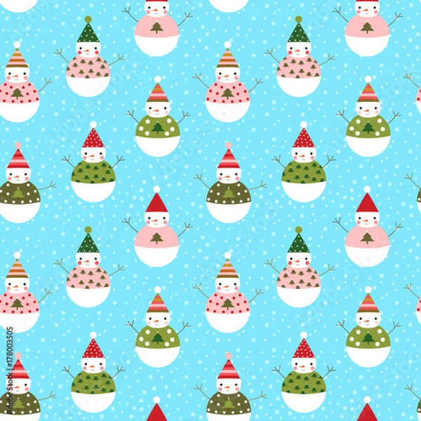 Fototapeta Cute vector seamless pattern with snowmen with hats for winter and Christmas designs and wrapping paper
