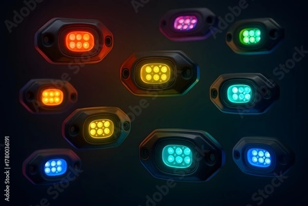 Fototapeta RGB LED Rock Lights Floating in Dark Space with Color Glow