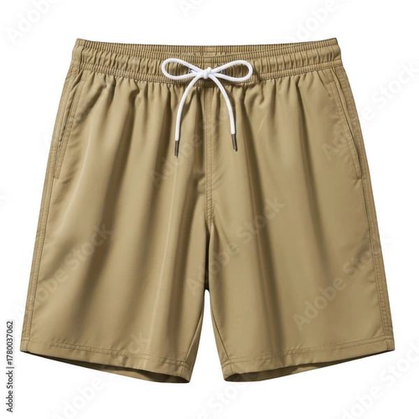 Fototapeta Khaki elastic waist shorts with drawstring isolated on transparent background