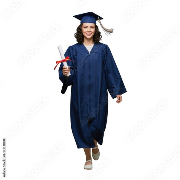 Obraz Smiling graduate in blue robe holding diploma isolated on transparent background