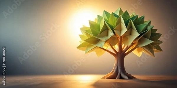 Obraz Origami tree unfolding in the light, tree transformation, natural process