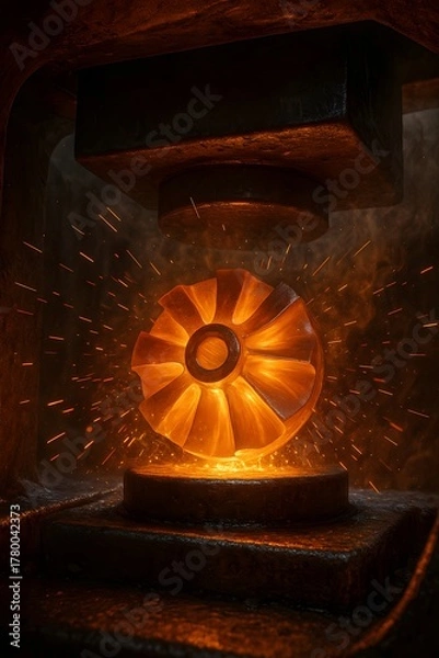 Fototapeta Molten Inconel Turbine Wheel Forging in Industrial Press with Sparks and Heat