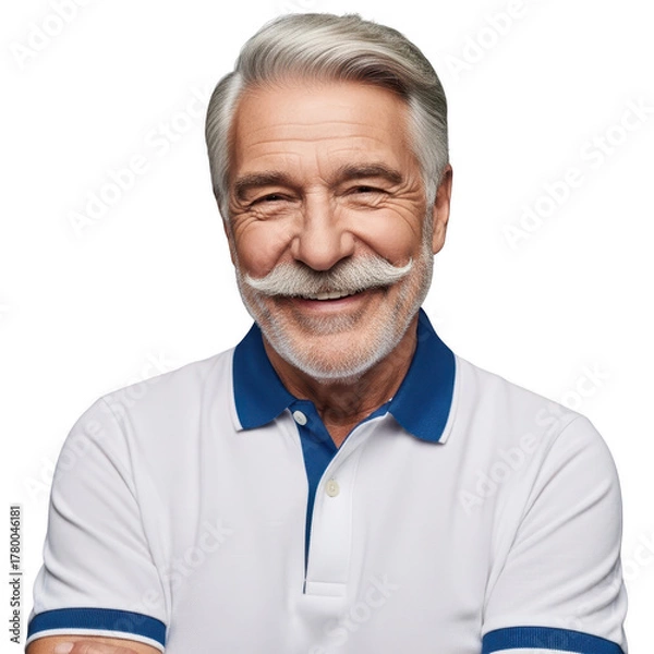 Fototapeta Smiling older man with mustache polo shirt isolated on transparent background