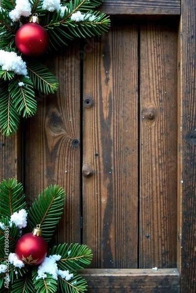 Fototapeta Aged wood backdrop, snowy fir branches frame, Christmas message area , template, winter