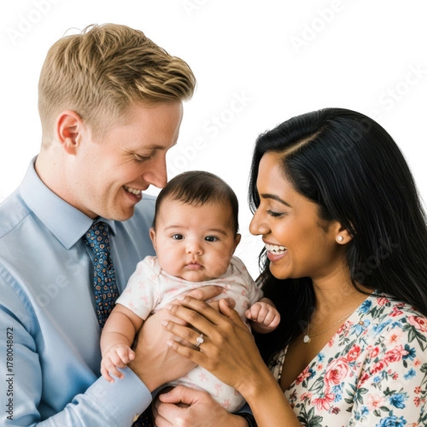 Fototapeta Happy parents holding their baby isolated on transparent background