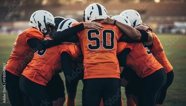 Obraz American football team in a huddle, back view in their orange uniform with white helmets, concept for team motivation, sportsmanship and group collaboration