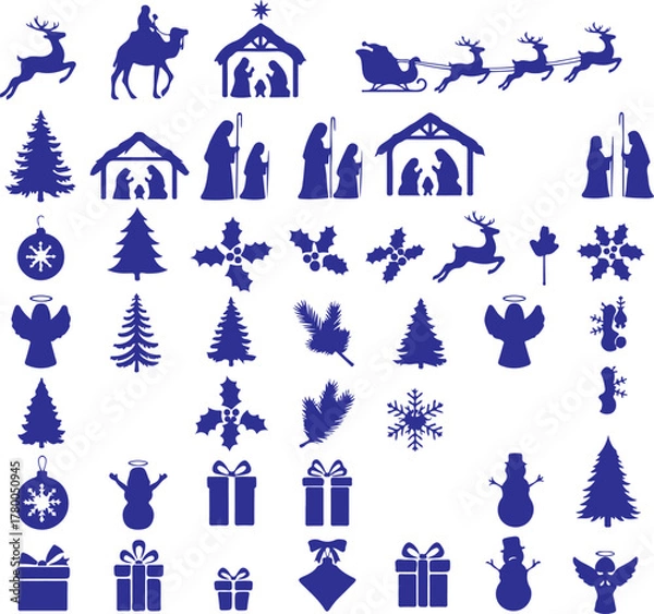 Fototapeta Christmas silhouettes isolated on white background featuring festive elements