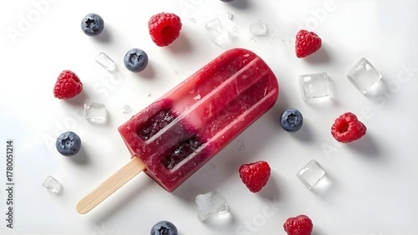 Obraz Blueberry and raspberry popsicle with fresh fruits, melting ice cubes and soft daylight on white background, refreshing summer concept, clean editorial food photo, 8K photorealistic detail.