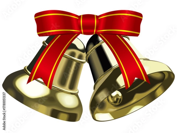 Obraz リアルな黄金のベルとリボン　クリスマス　ウエディング　ベクターイラストレーション