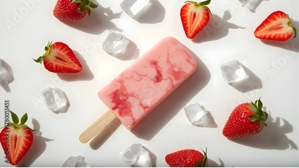 Obraz Pastel pink strawberry popsicles with fresh fruit and ice cubes on a soft background, elegant minimal style, refreshing summer concept, ultra-realistic detail, perfect for food and drink advertising.