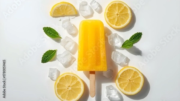 Obraz Refreshing yellow lemon popsicle with sliced lemons, crushed ice, and mint leaves on white background, summer dessert concept, top view, minimal style, ultra realistic, perfect for ads and design.