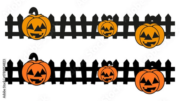 Fototapeta Halloween Jack O Lanterns on Black Fence Borders pumpkin