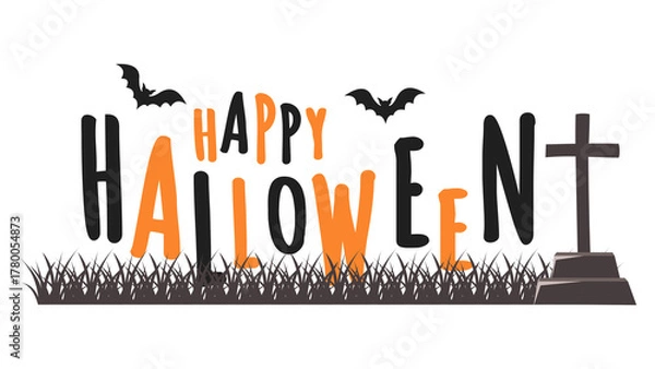 Fototapeta Happy Halloween Text with Bats, Tombstone and Grass