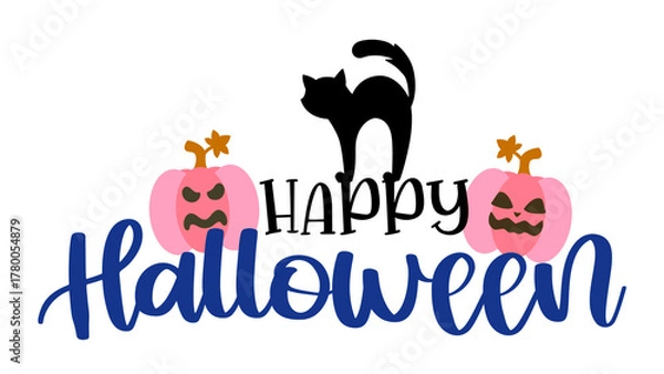 Fototapeta Happy Halloween text with black cat and pink pumpkins