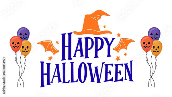 Fototapeta Happy Halloween text with witch hat and balloons lettering