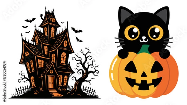 Fototapeta Haunted Mansion and Black Cat in Jack O Lantern Halloween