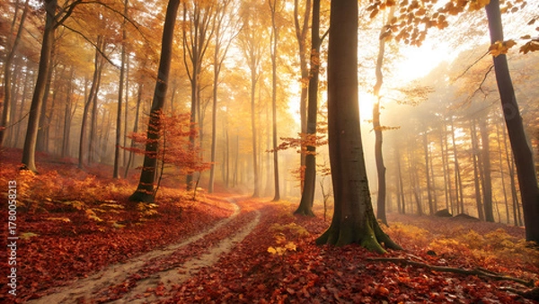 Obraz Bright autumnal morning in a colorful forest path with yellow and orange leaves and sun illuminating the fog through the trees