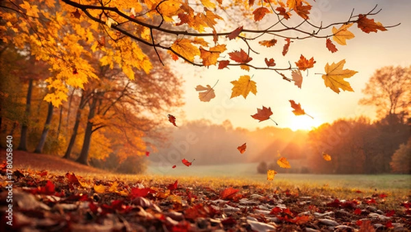 Obraz Autumnal tree leaves in the colorful park landscape with golden foliage