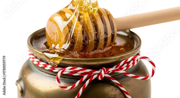 Fototapeta Gift - Close-up of golden honey dripping from wooden honey dipper into decorative jar with red and white ribbon, perfect for food and cooking projects