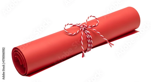 Fototapeta Gift - Red rolled paper tied with red and white string on white background, perfect for gift wrapping, crafts, or decoration projects