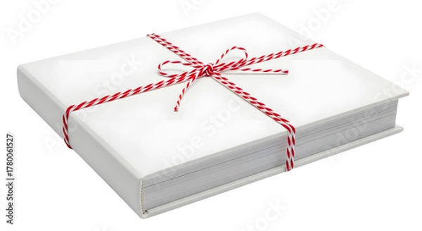 Fototapeta Gift - Stack of white books tied with red and white string bow, minimalistic gift concept perfect for weddings and special occasions