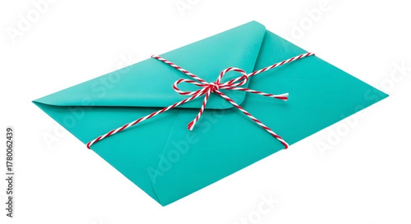 Fototapeta Gift - Teal gift envelope wrapped with red and white striped string tied in a bow, isolated on white background, perfect for invitations or greeting cards