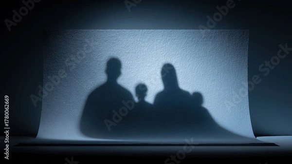 Obraz Shadow silhouettes of four people against a textured white wall in a dimly lit room creating a mysterious and abstract family or group portrait with soft edge lighting