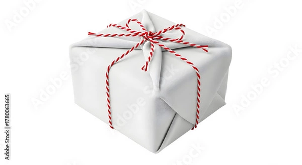 Fototapeta Gift - White wrapped gift box with red and white striped ribbon bow isolated on black background, perfect for holiday and birthday celebrations