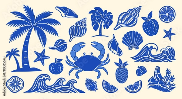 Fototapeta A collection of blue tropical and marine elements including palm trees, seashells, crabs, waves, and fruits.