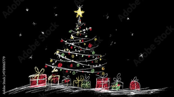 Obraz Chalk drawing of greem Christmas Tree and gifts in green red and white. Ona black 