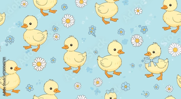 Fototapeta Seamless pattern featuring adorable yellow ducklings and delicate flowers on a soft blue background.