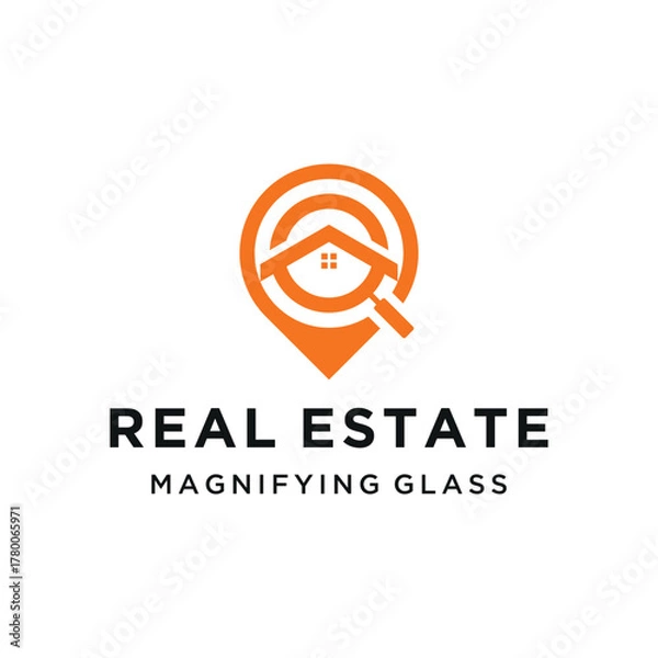 Fototapeta Modern Real Estate with House Magnifying Glass Location Pin For property search business apps logo design