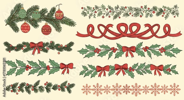 Fototapeta Collection of various Christmas-themed decorative borders, featuring ornaments, bows, and festive foliage.