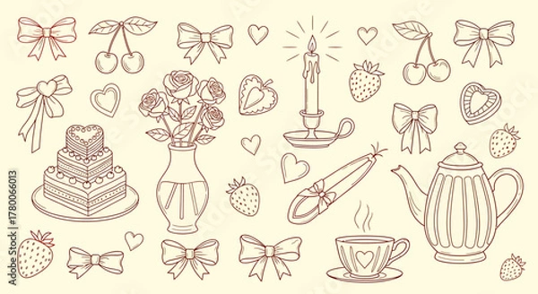 Fototapeta A charming set of hand-drawn romantic elements including a wedding cake, roses, teapot, and bows in a vintage doodle style.