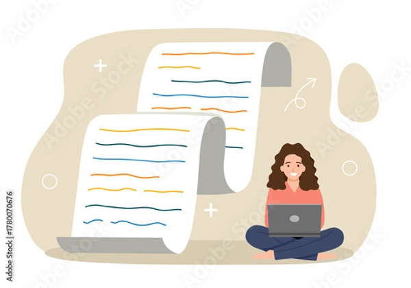 Fototapeta Content writer. Blog articles creation concept. Freelance female creates online content on laptop.