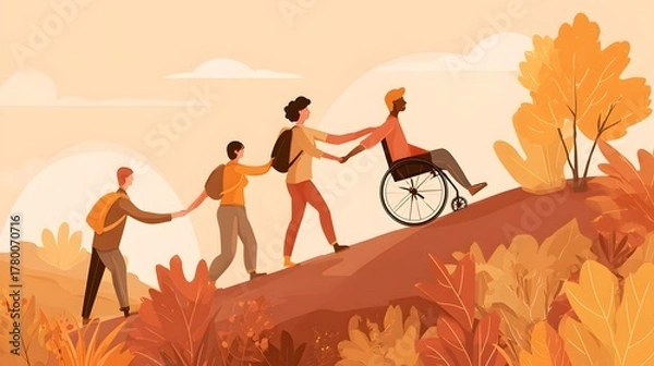 Fototapeta Group of diverse hikers assist an individual in a mobility device up a sloping outdoor path during autumn